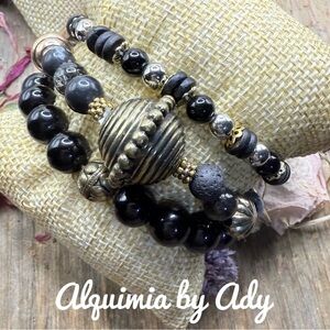 Black onyx stack chunky beaded handmade bracelet set